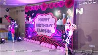 Kids fashion show stage setup with diva cutouts and ramp walk lighting