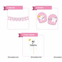 Pink First Tooth Banner, Cake Topper and Poster Kit ( Pack of 4)